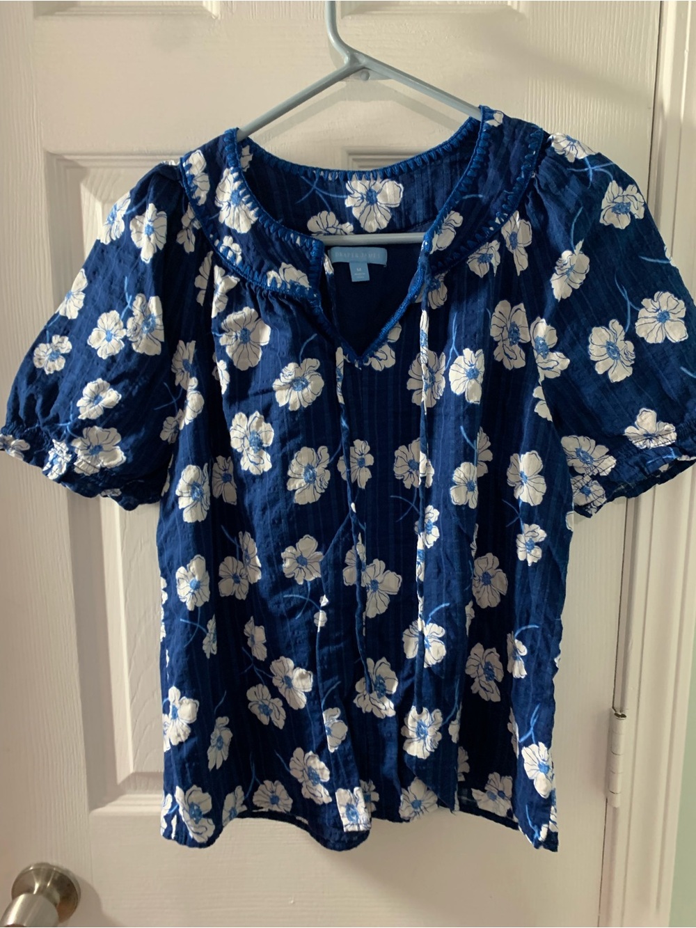 Draper James Navy Blue Floral Tie-Neck Blouse